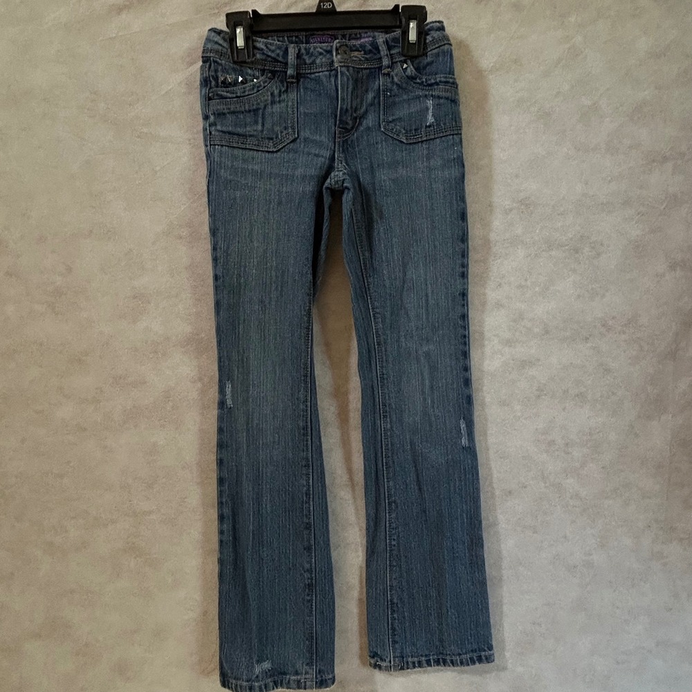 Signature Levi Strauss Girls Size 8 Slim Boot Fit Studded Distressed Jeans Blue